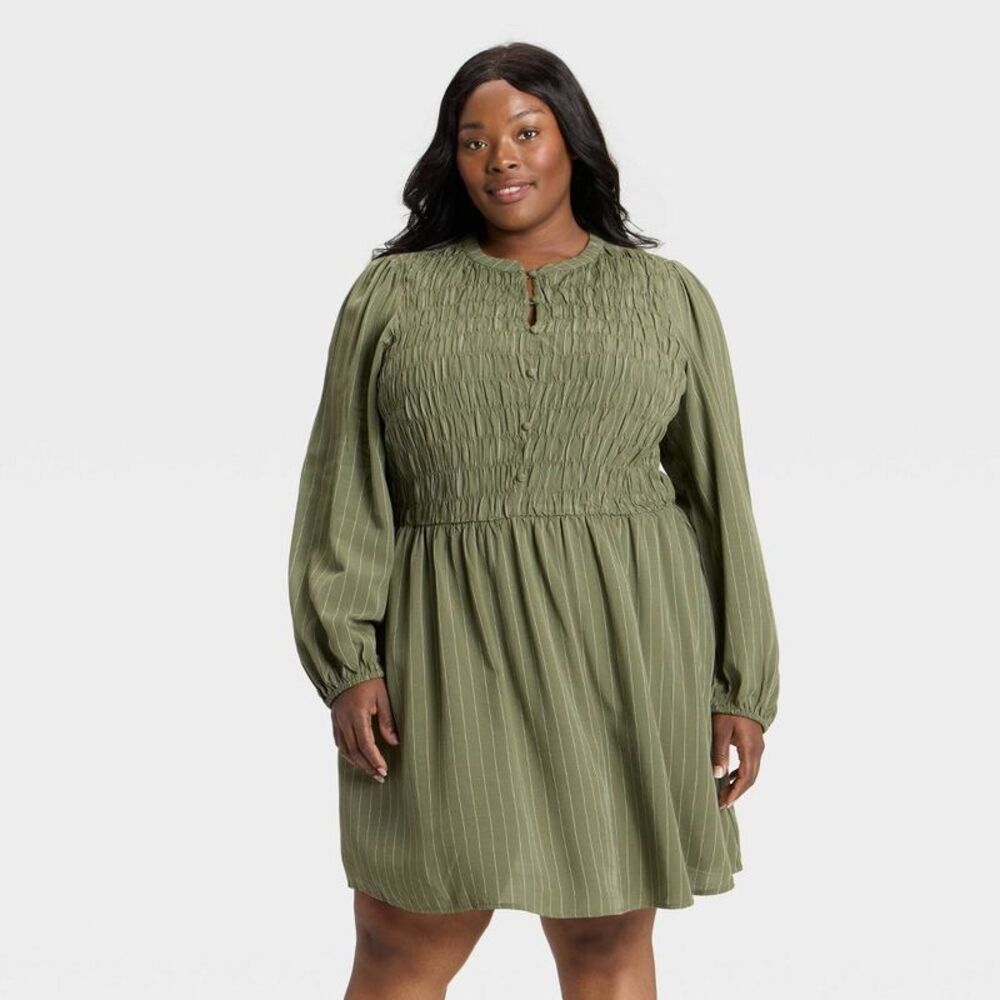 Women's Bishop Long Sleeve Button-Up Smocked Mini Dress - Green Pinstripe XXL